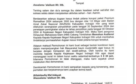 HMI Cabang Tembilahan Ajukan Audiensi ke Kejari Inhil Terkait Dugaan Korupsi BAZNAS Program Paket Premium Ramadhan 2024 
