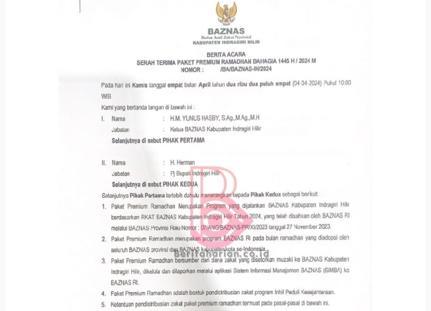 Misteri Penyaluran Paket BAZNAS Inhil Senilai Rp 1,6 M,   Di Dalam Berita Acara Ada Nama Mantan PJ Bupati Inhil H. Herman