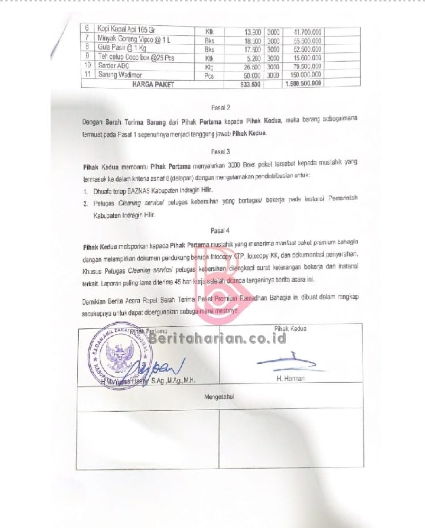 Misteri Penyaluran Paket BAZNAS Inhil Senilai Rp 1,6 M,   Di Dalam Berita Acara Ada Nama Mantan PJ Bupati Inhil H. Herman