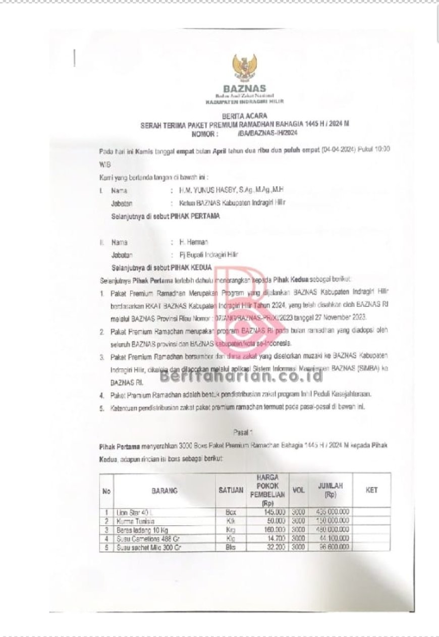Misteri Penyaluran Paket BAZNAS Inhil Senilai Rp 1,6 M,   Di Dalam Berita Acara Ada Nama Mantan PJ Bupati Inhil H. Herman