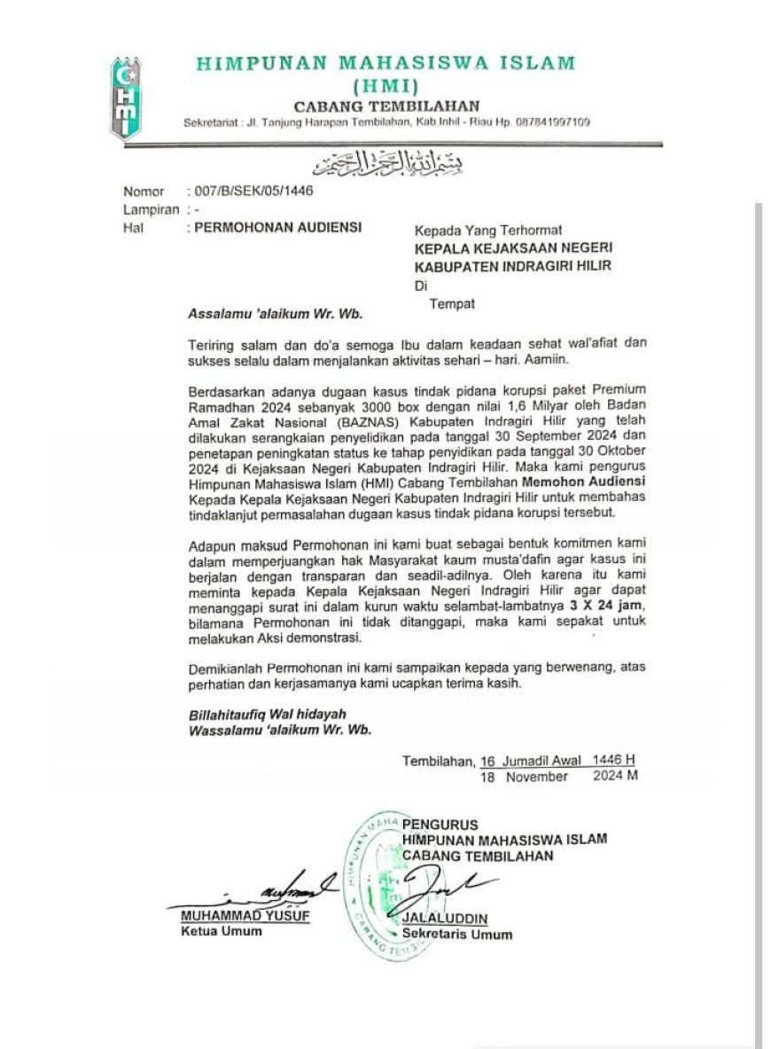 HMI Cabang Tembilahan Ajukan Audiensi ke Kejari Inhil Terkait Dugaan Korupsi BAZNAS Program Paket Premium Ramadhan 2024 