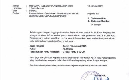 Masyarakat Dimintai Waspada, PLTA Koto Panjang Buka 3 Pintu Waduk Setinggi 50 Cm