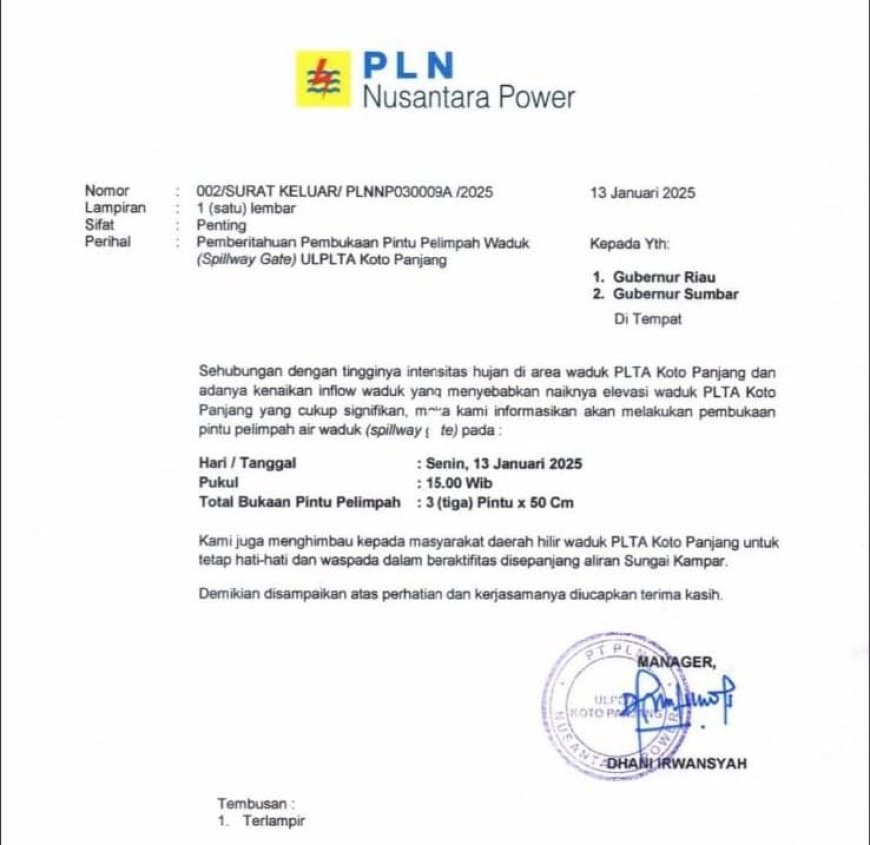 Masyarakat Dimintai Waspada, PLTA Koto Panjang Buka 3 Pintu Waduk Setinggi 50 Cm
