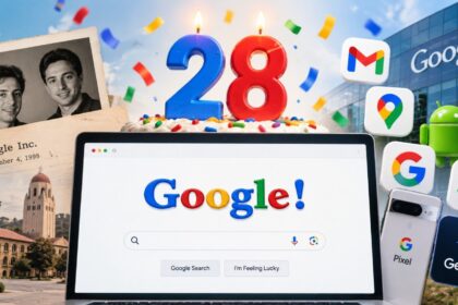 Ilustrasi Google merayakan ulang tahun ke-28 dengan Doodle nostalgia dan berbagai layanan teknologi Google