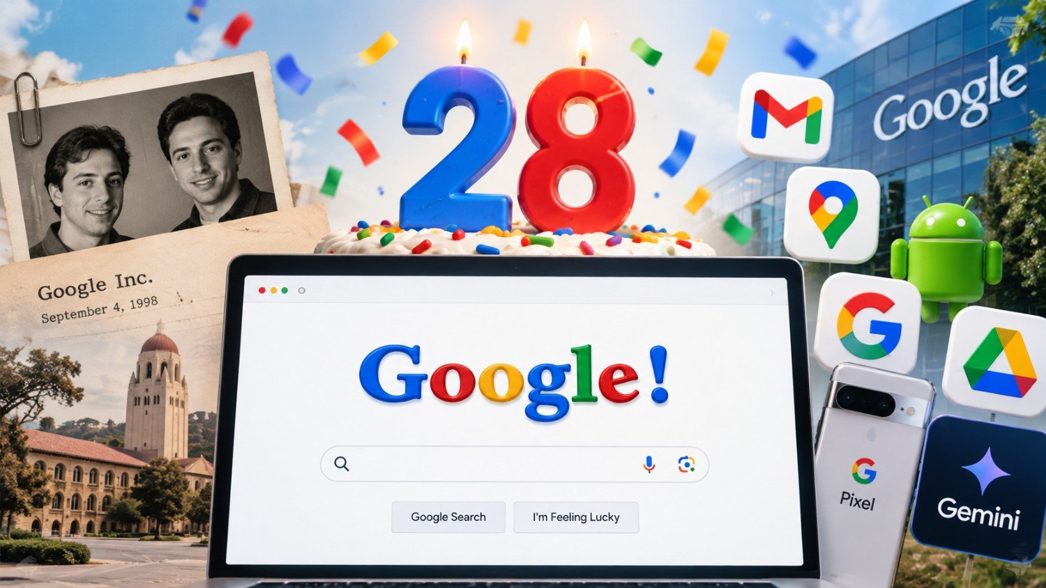 Ilustrasi Google merayakan ulang tahun ke-28 dengan Doodle nostalgia dan berbagai layanan teknologi Google