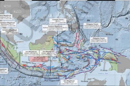 Peta 14 zona megathrust Indonesia dan sekitarnya berdasarkan Peta Sumber dan Bahaya Gempa Indonesia 2024.