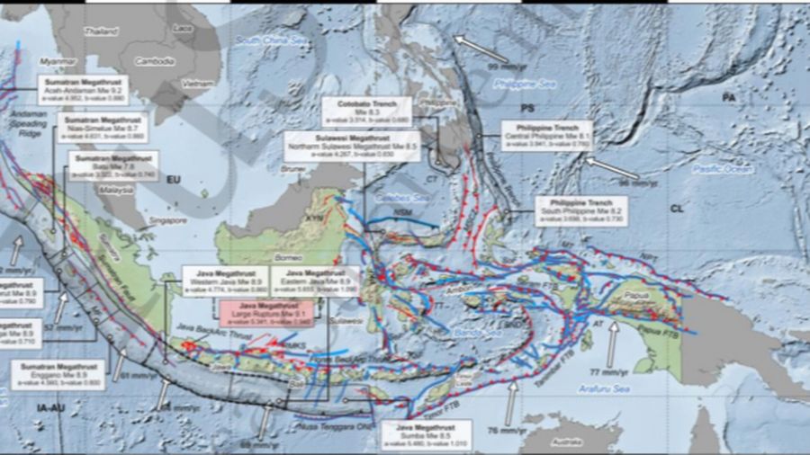 Peta 14 zona megathrust Indonesia dan sekitarnya berdasarkan Peta Sumber dan Bahaya Gempa Indonesia 2024.